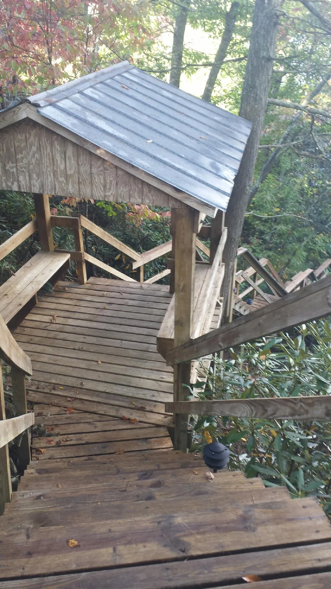 Metal roofed shelter over wooden steps on a wooded walkway — Skylight Repair & Installation work by our crew in Dixon